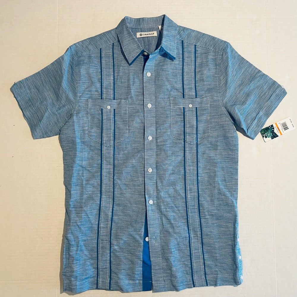 Cubavera Guayabera Mens S Linen Button Down Shirt Mediterranean Blue White Check